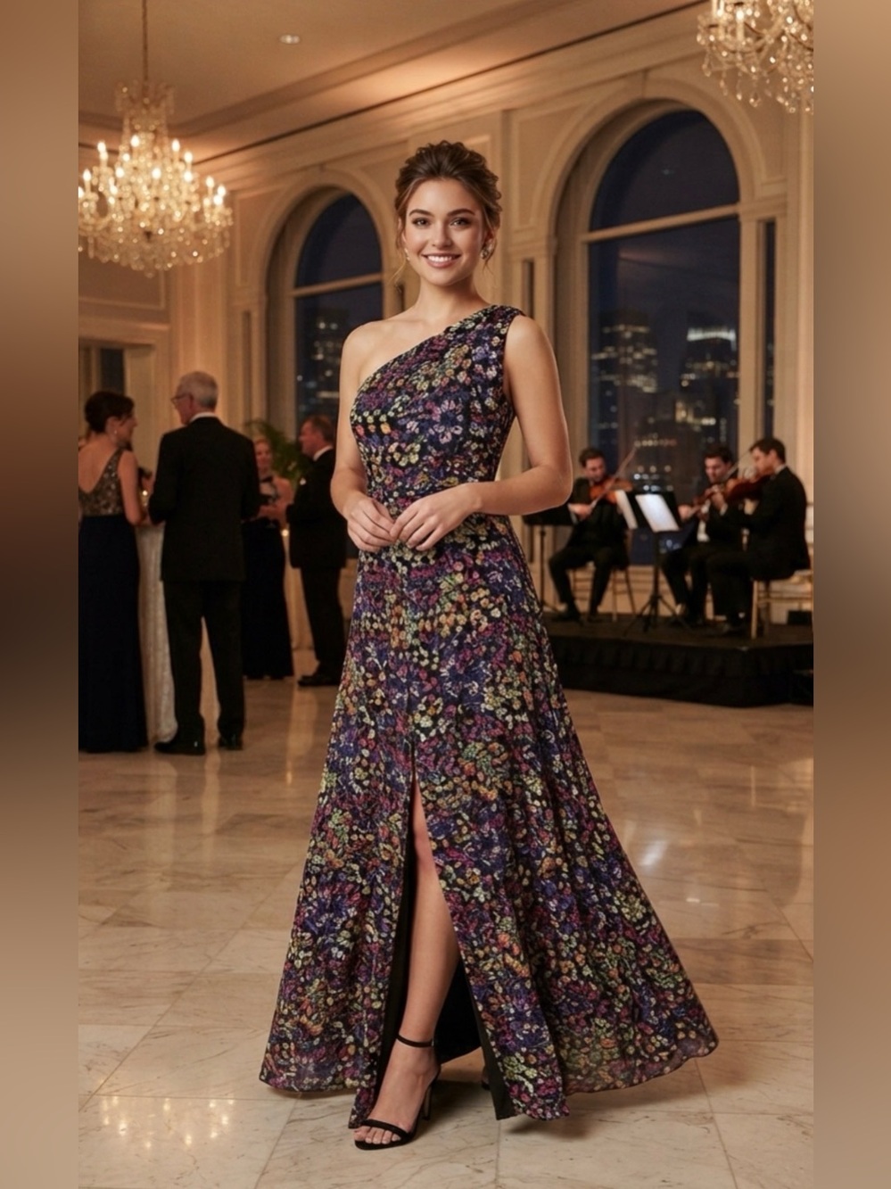 EVA MENDES | New York & Company Floral One Shoulder Slit Formal Maxi Dress